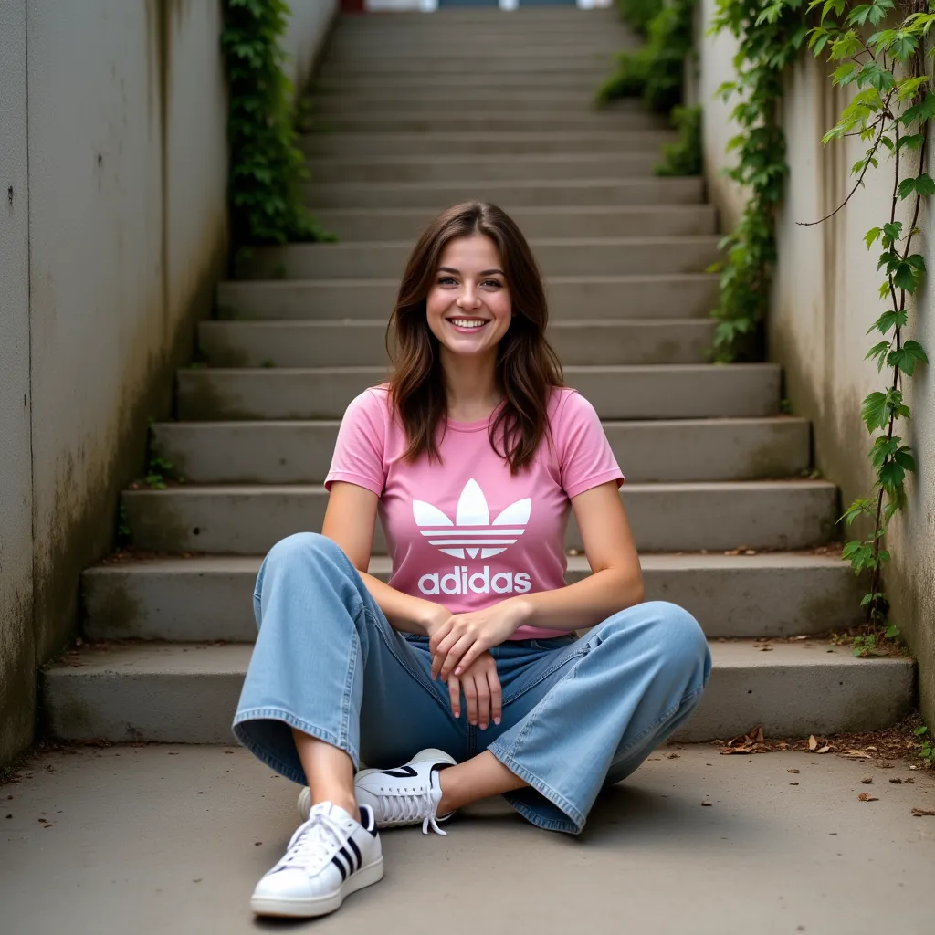 isabella, 22 years old, with brown hair and white skin,  isabella sitting on the floor posing in classic white adidas sneakers ,...