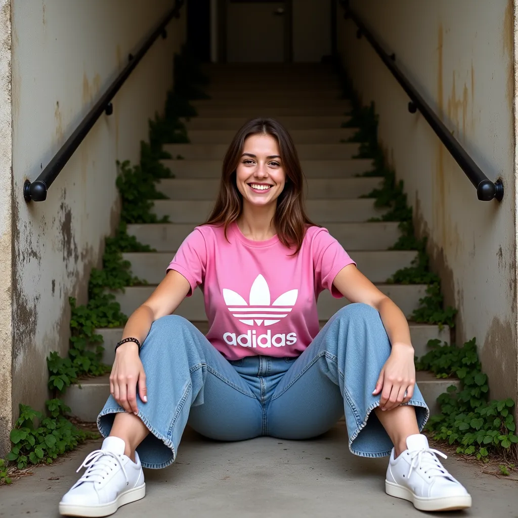 isabella, 22 years old, with brown hair and white skin,  isabella sitting on the floor posing in classic white adidas sneakers ,...