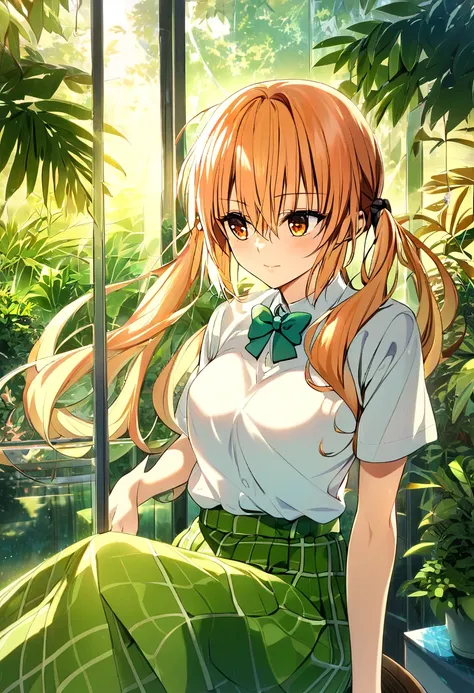 One girl, nana asta deviluke,pink twin tails,A serene greenhouse bathed in soft twilight hues of orange and blue, where Nana Asta Deviluke sits on a small wooden stool surrounded by lush tropical plants. Her casual school uniform,white collared shirt,green...