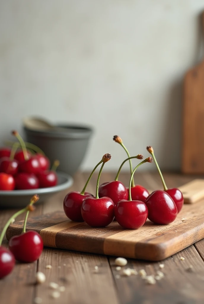 A background setting of where a cherry the fruit could be at to easily draw make the cherries on a cutting board that has utensils on the side 