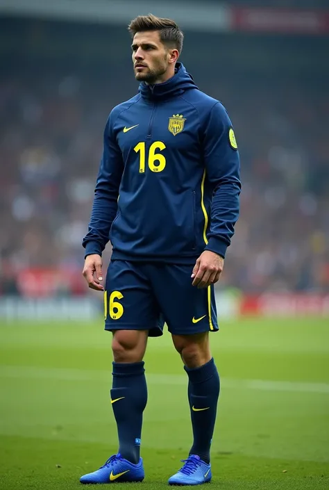 A footballer/  defense before the game : Age:  25 years height 1 ,81 m ,  athletic build,  lightly combed dark brown short hair,  blue eyes.  uniform :  blue jacket with highlights in yellow ,  navy blue shorts , Dorsal 16 in yellow ,  navy blue tights wit...