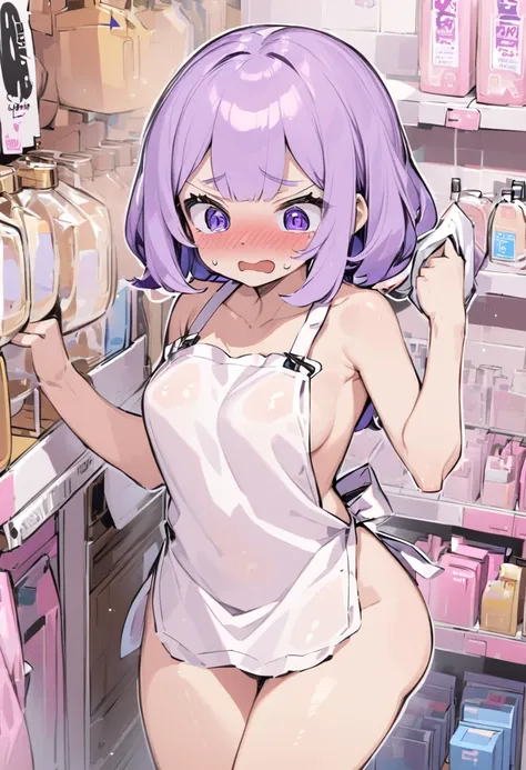 Cute naked woman wearing an apron in a sex shop with an embarrassed expression 