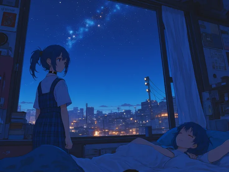 Only face and head can be seen, hoshimachi suisei,blue hair,side ponytail,star choker,plaid dress,collared shirt, A teenage girl with a broken heart, in a room at night, in sports attire, looking out the window at the night sky.