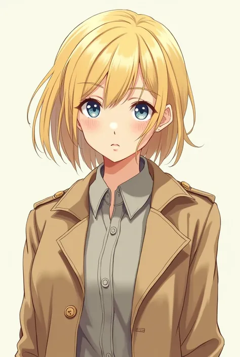 Create a drawing in a 3/4 view of a beautiful, blonde, blue eyed girl wearing a brown dust coat with a buttoned shirt inside of the dust coat, she has a curious look on her face, in a manga style