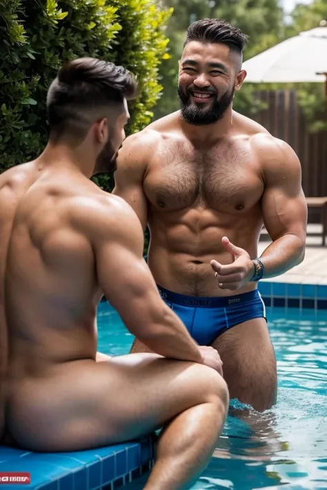 Beefy-38-year-old-Mongolian-man smiles while talking to his athletic-25-year-old-male-swedish neighbor, the men are seated at a festively decorated table, both men smile flirtatiously at each other, the environment is a neighborhood pool party with other m...