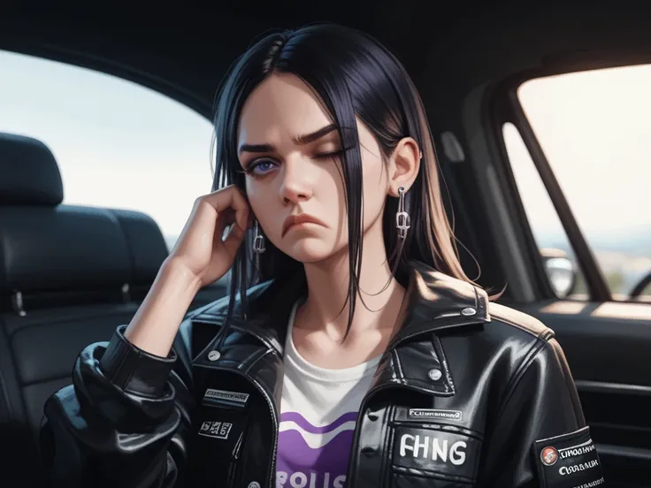  black cabello, Ojos rojos, A  Earrings , Shine,  Best Quality , Serious,  frown ,  Eye half closed , AuriculAres, distressed jacket,  animated,  Animated Style ,  a black car behind the character ,  a glass in his hand dripping purple liquid, Highlight co...