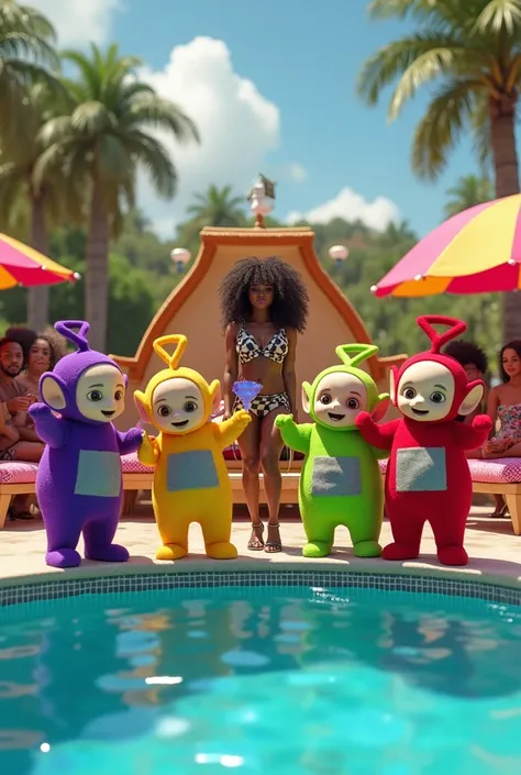 Teletubies with a black person at a pool party and a large bed 