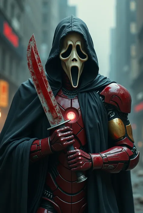 Fusion Panic Ghostface with Iron Man with his blood-stained knife 