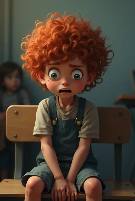 Scared red-haired boy with curly hair with small tears in his eyes looking up sitting on his school bench 