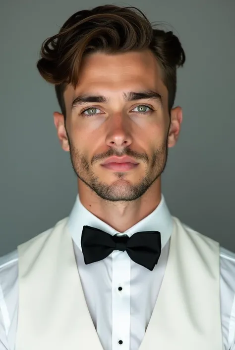  Professional studio photo of an 18-year-old American man , white pele, no beard com cabelo castanhos escuros,   green eyes , feline look , Perfect face and features,   angelic-looking  , sturdy and well-defined maxilla  , wearing white long-sleeved shirt ...