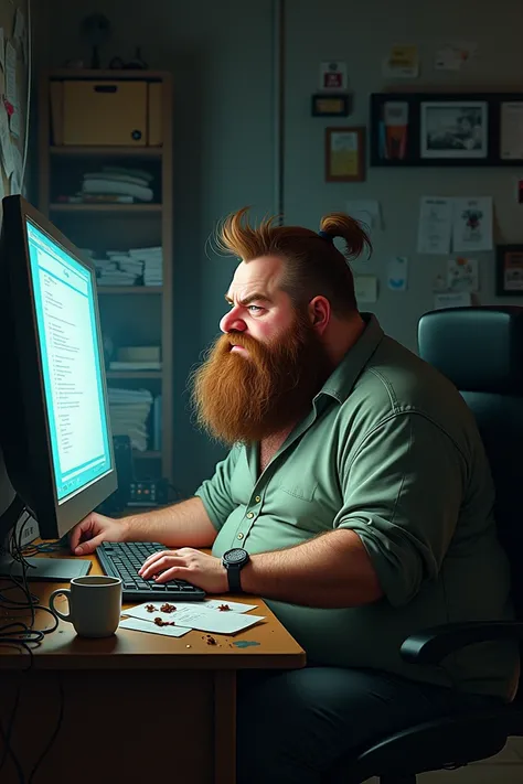 Chubby guy with beard and hair on a computer
