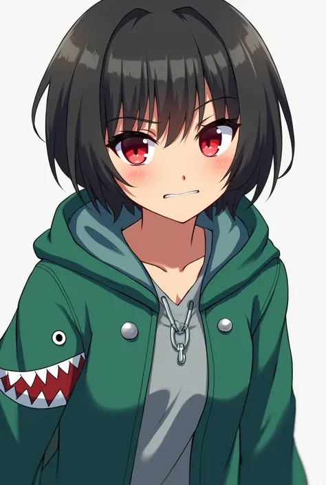 young anime woman, Ojos rojos, green,short hair shark coat , Its annoying and my body is full