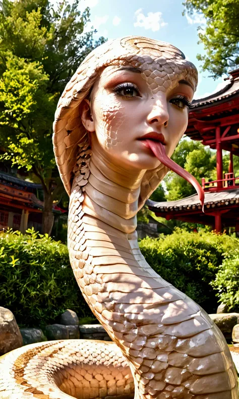 A gorgeous woman with serpentine features, large snake eyes, flicking tongue, lower body a massive coiled serpent, wearing ornate body jewelry, approaching viewer sensually, ancient shrine backdrop, (best quality,4k,8k,highres,masterpiece:1.2),ultra-detail...