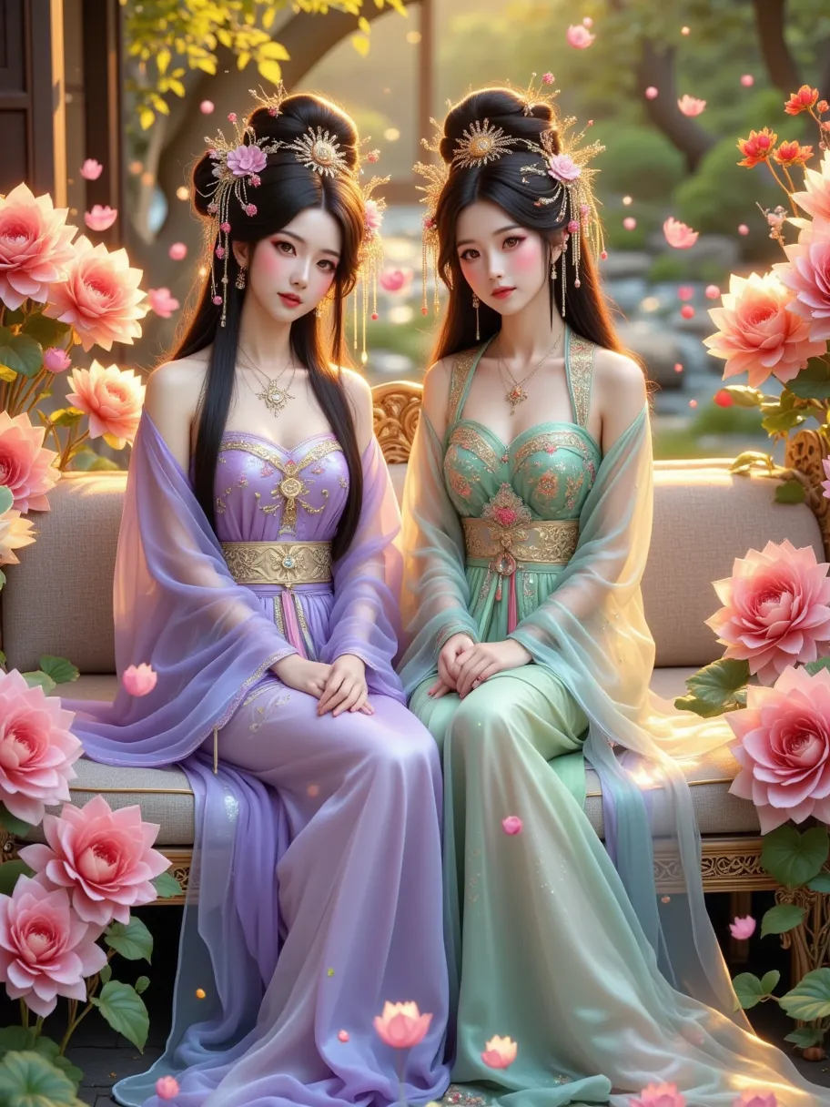 realistic image of 2 chinese princesses, straight, long-haired women wearing chinese dresses, big breasts, hanfu, luxurious long...