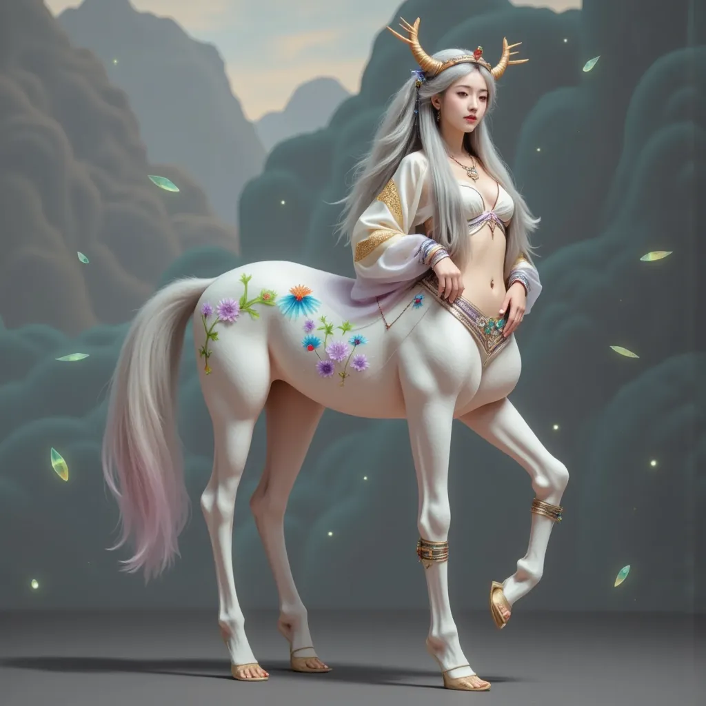 1centaur girl, imagine a dreamlike landscape filled with countless colors,soft. in this peaceful scene, an asian, with long flow...