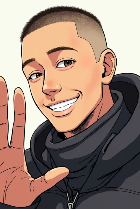 Create a drawing of a man with a buzz cut, hes wearing clothes for cold weather, he has a smile on his face and is waving his hand greeting someone, hes looking straight, only show his face, in a manga style