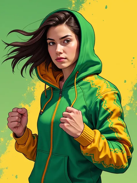 female fighter, wearing a hoodie, drawn image, high quality, portrait close-up view, action stance, green and yellow outfit, green and yellow vector background