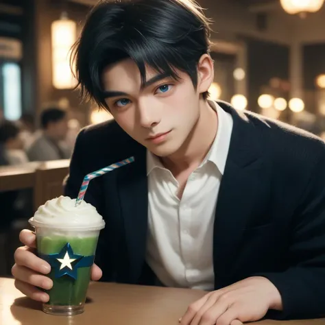 Drink a frappuccino at a stylish cafe、Staring at me( and smiles :0.9),Black-haired boy,dark blue eyes,Age 19, Japanese,Nagi XL,black knit,star-shaped jewel,slim, blush,best quality, Dim lighting　portrait,( Realistic)8k shot from the front