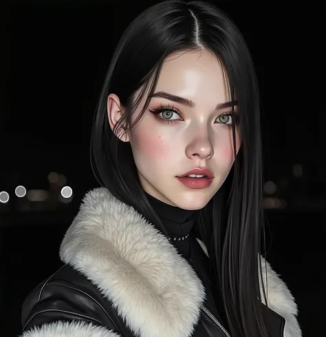 She is taking a night selfie , beautiful young woman,long straightened jet black hair,olive green eyes,pale white skin tone, full medium-light brown lips , beautiful and perfect female face , beautiful face strong will { x} in the style of dark souls 3 ,Em...