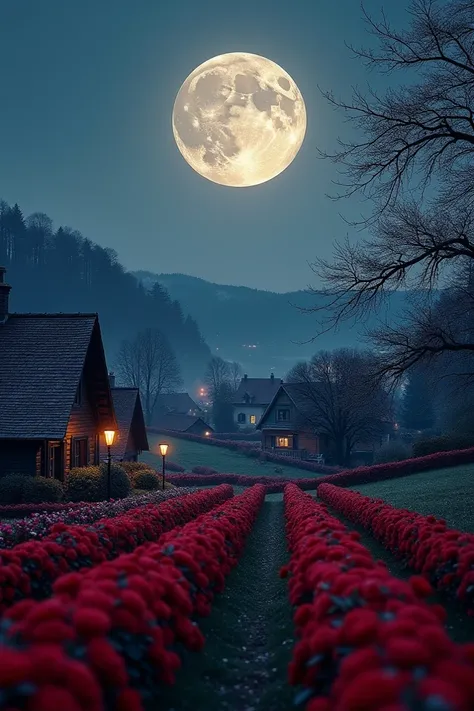  A beautiful landscape of the Moon on a clear night.  Landscape of French Alsace ,  with wooden houses and bare trees .  Some red rose hedges .  photograph.   Movie Scene . hyperrealism.  8 k.  Arte en  photograph.   Extreme Masterpiece .