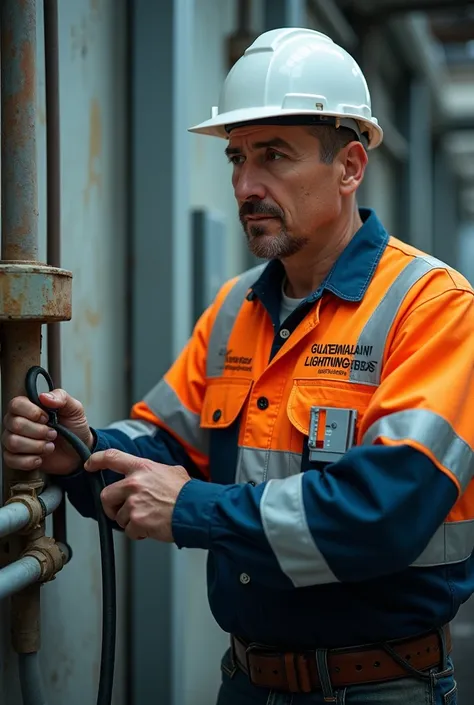  Narration of an electrician wearing a reflective industrial safety uniform ,  emphasizing the importance of doing annual maintenance of lightning rod systems and physical ground systems, mention our brand  " Guatemalan lightning rods". 