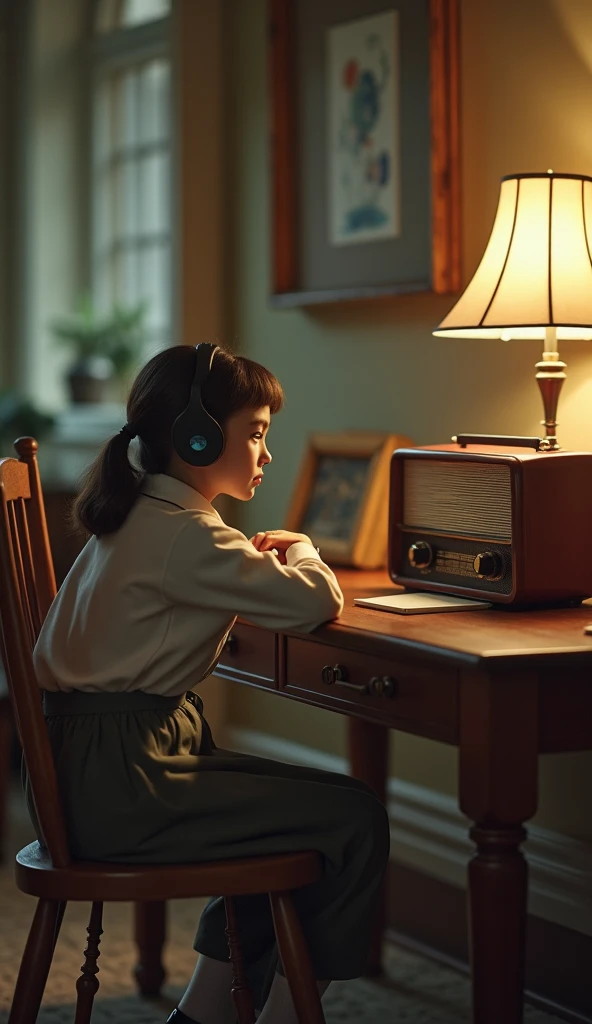 "A girl sitting in a chair with her elbows on the table, listening to music on an old large radio on the table, seen from behind at an angle. clothes and room are 1940s style." nostalgic atmosphere retro vibes -ar 9:16