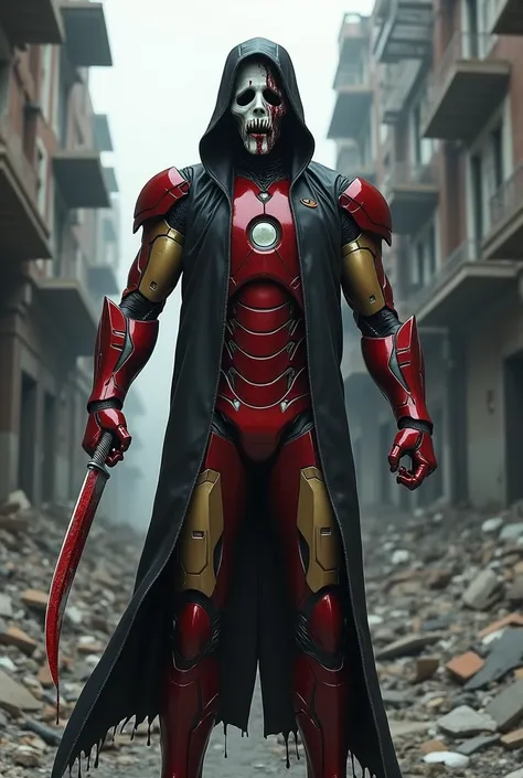 Fusion Scream Ghostface with Iron Man with his blood-stained knife in a destroyed alley