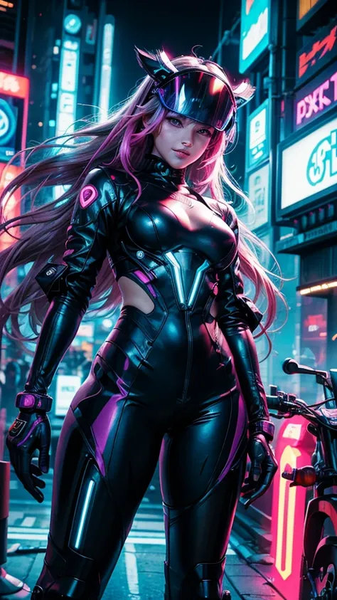 Against the backdrop of a neon-lit cyberpunk cityscape, the camera zooms in on a cute anime woman leaning against a futuristic hoverbike, her vibrant hair catching the flickering lights of passing holographic advertisements. With a mischievous grin, she ad...