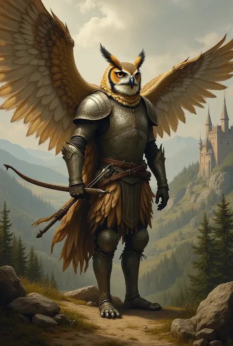 (semi-realistic style medieval painting ) an owl-headed humanoid being with large ,  wings wearing light armor and holding a bow and arrow while hovering in the air