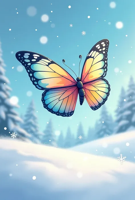 Make a magical and enchanted cartoon drawing of a beautiful butterfly flying across the snowy field