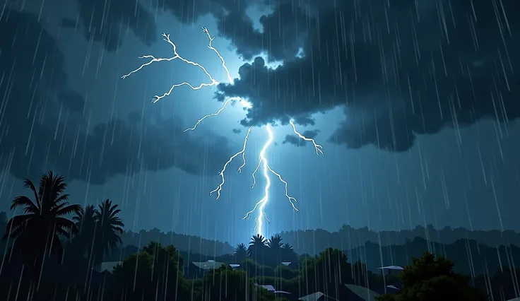 Stormy Night with Lightning: Picture a scene set on a stormy night where rain pours relentlessly from the sky. Above, the darkened heavens crackle with bolts of lightning, illuminating the turbulent clouds in stark contrast against the deep, ominous backdr...