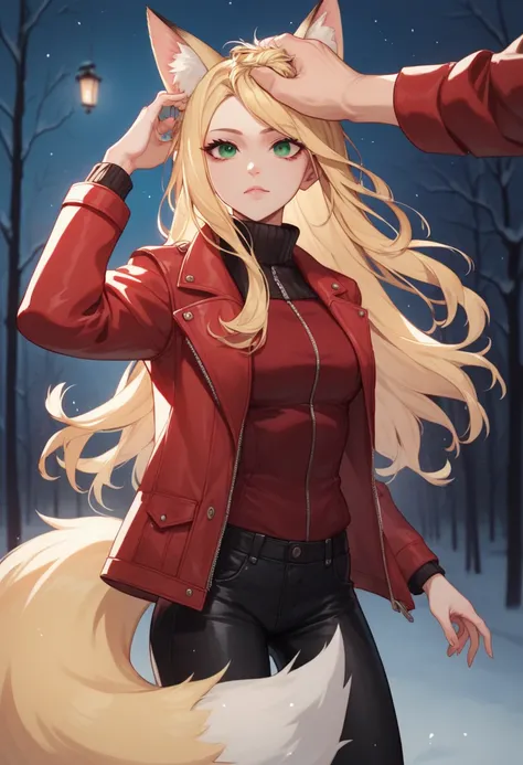 girl, 19 years old, fox ears, fox tail , long hair, green  eyes, very dark big circles under eyes, dark circles under eyes, blonde hair , stylish leather red red jacket with a red fur collar,  black trousers,  standing, winter park at night, headpat head p...