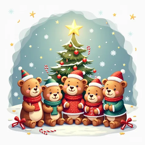 Create an image of five adorable baby bears, Santa hats, and Christmas clothes, shiny eyes and big .  lots of Christmas details ,  Christmas tree,  Garland , candy canes and spheres. surrounded by snowflakes , Flashes, stars. Cuddly style ideal for a . DEE...