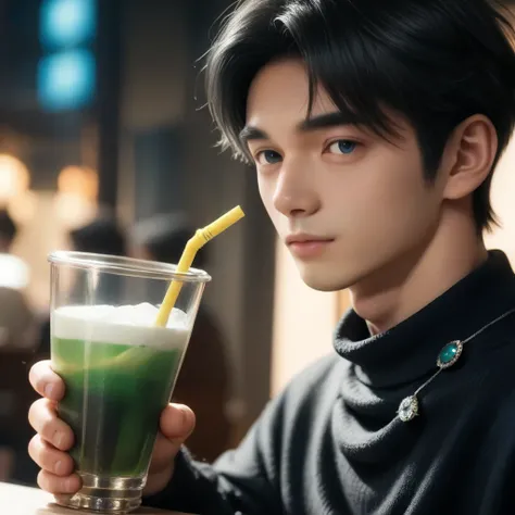 Drink a frappuccino at a stylish cafe、Staring at me( and smiles :0.9),Black-haired boy,dark blue eyes,Age 19, Japanese,Nagi XL,black knit, jewel,slim, blush,best quality, Dim lighting　portrait,( Realistic)8k shot from the front