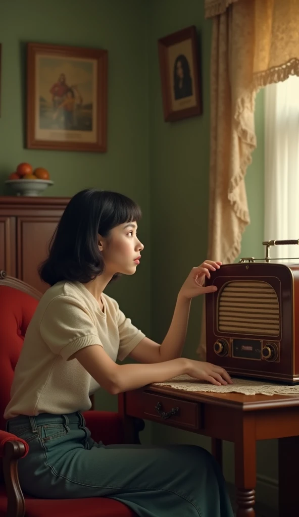 "A girl sitting in a chair with her elbows on the table, listening to music on an old large radio on the table, seen from behind at an angle. no headphone, no earphone, her clothes and room are 1940s style." nostalgic atmosphere retro vibes -ar 9:16