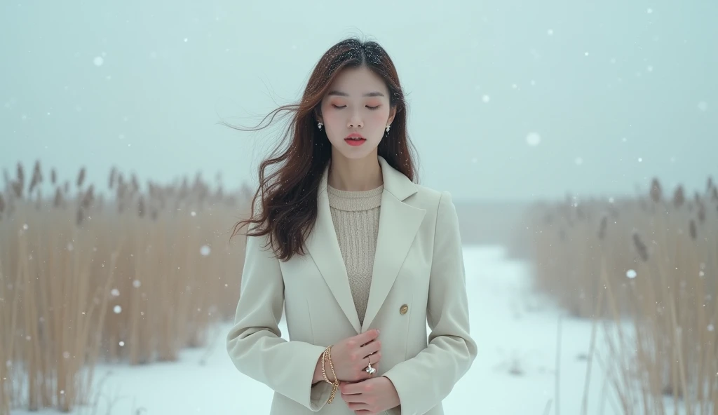 
background: 겨울의 차가운 들판이 흐릿하게 뒤로 보이는 scene.  A quiet snowy scene where snow is scattered and the wind blows softly .  In the distance, reeds swaying in the wind fill the winter landscape even more beautifully .

The main character :

female: 현실적인 성숙한 40세 한...