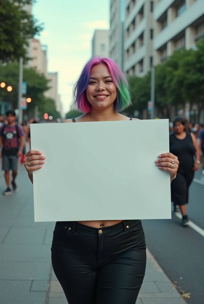 chubby indonesian woman with short green, pink and purple hair, crop top, holding blank large sign in front of her body, standing on sidewalk, protesting, smirking expression, intricate details, photorealistic, vibrant colors, dramatic lighting, cinematic ...