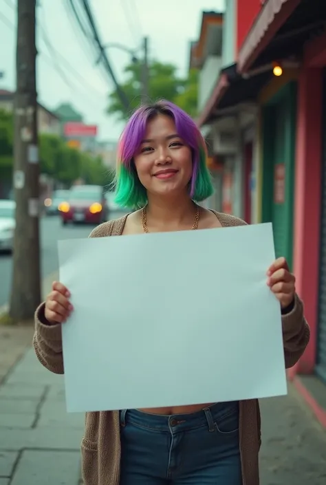 chubby indonesian woman with short green, pink and purple hair, crop top, holding blank large sign in front of her body, standing on sidewalk, protesting, smirking expression, intricate details, photorealistic, vibrant colors, dramatic lighting, cinematic ...