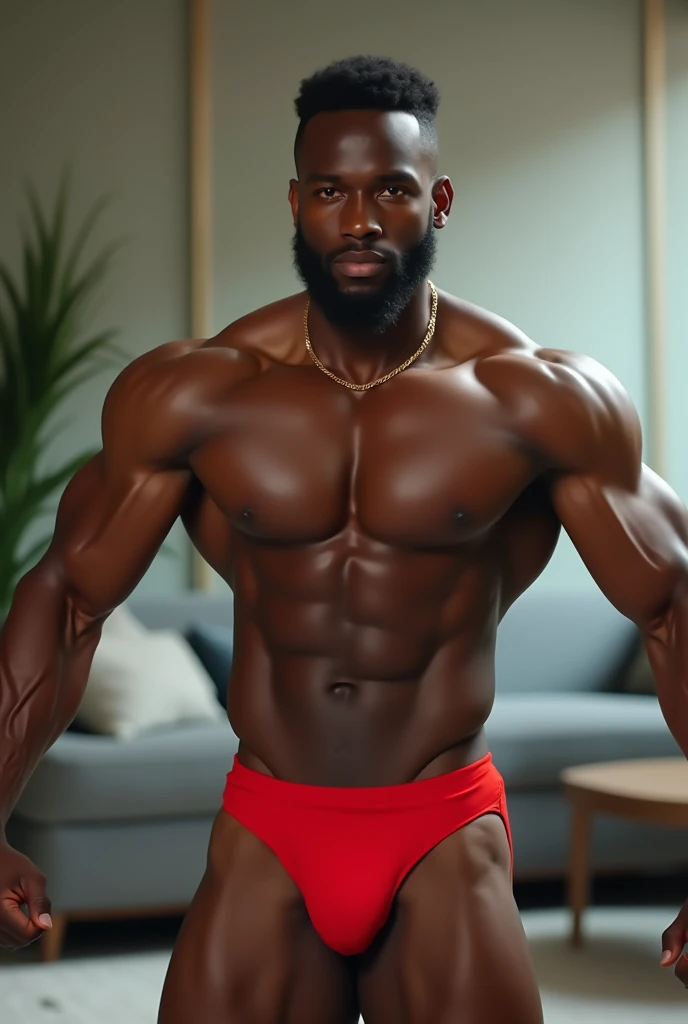 The image depicts a young black man standing confidently in an athletic pose with their arms extended to the sides. The individual is wearing a distinctive red thong that emphasizes their well-defined and muscular physique by exposing much of their torso a...