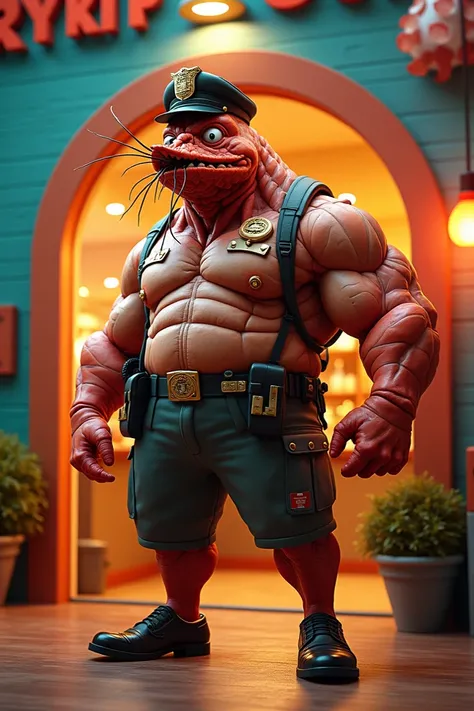 I need to create a shrimp shaped like a stocky man ,  dressed as a security guard with pants that is standing at the entrance of a shrimp house