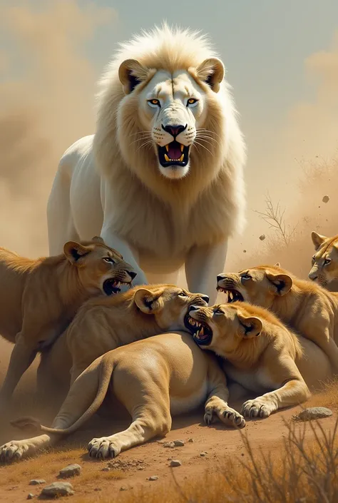 Four hyenas biting three fallen lions and a white lion protecting the others