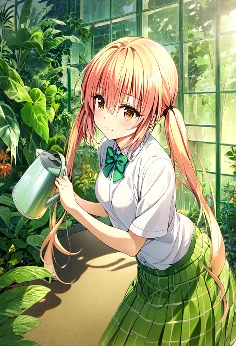 One girl, nana asta deviluke,pink twin tails:1.5,in A greenhouse,wearing a casual school uniform: a white collared shirt, a green plaid skirt, and a green bow tie, contrasting with the vibrant greenery around her. Nana leans slightly forward, pouring water...