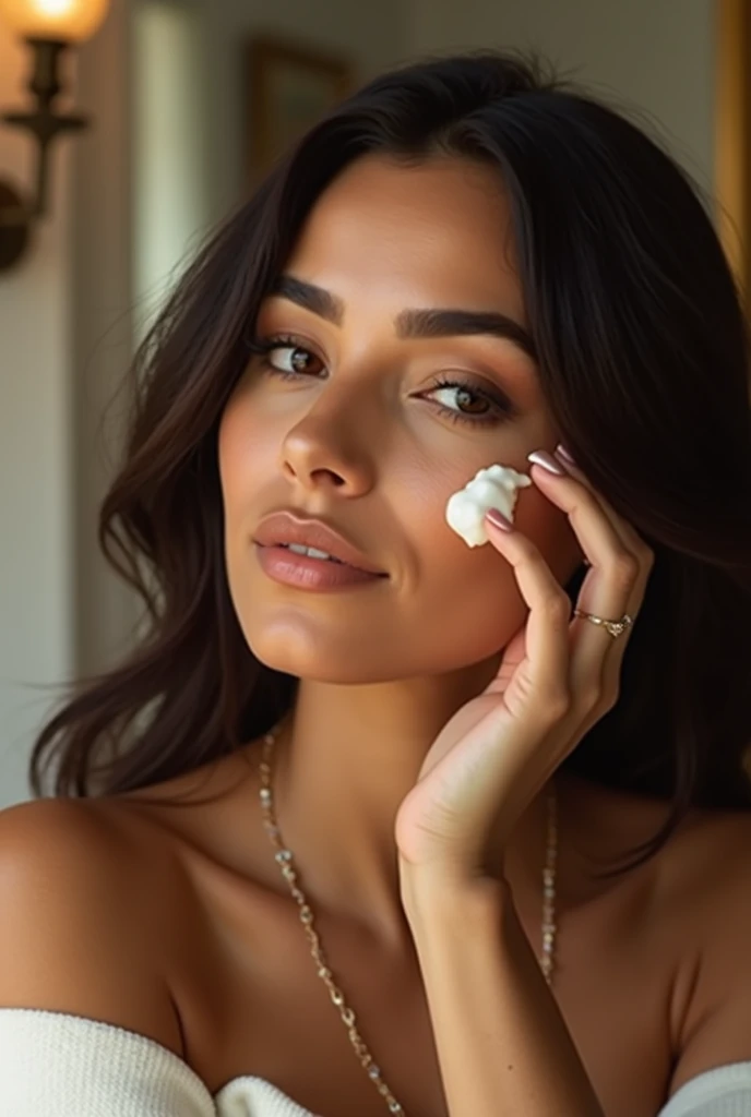 Latin-skinned woman applying cream on her face