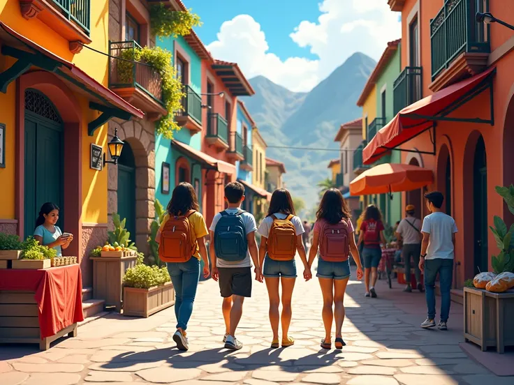 Students walking the street going to a coffee shop in Peru
 