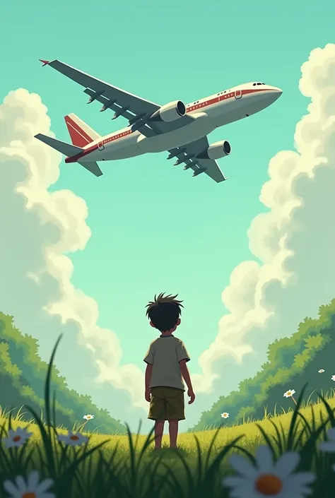 4yers cruelly heir boy, looking at a big aircraft (white body maroon stripe) takeoff, on grass, flower, ground, 