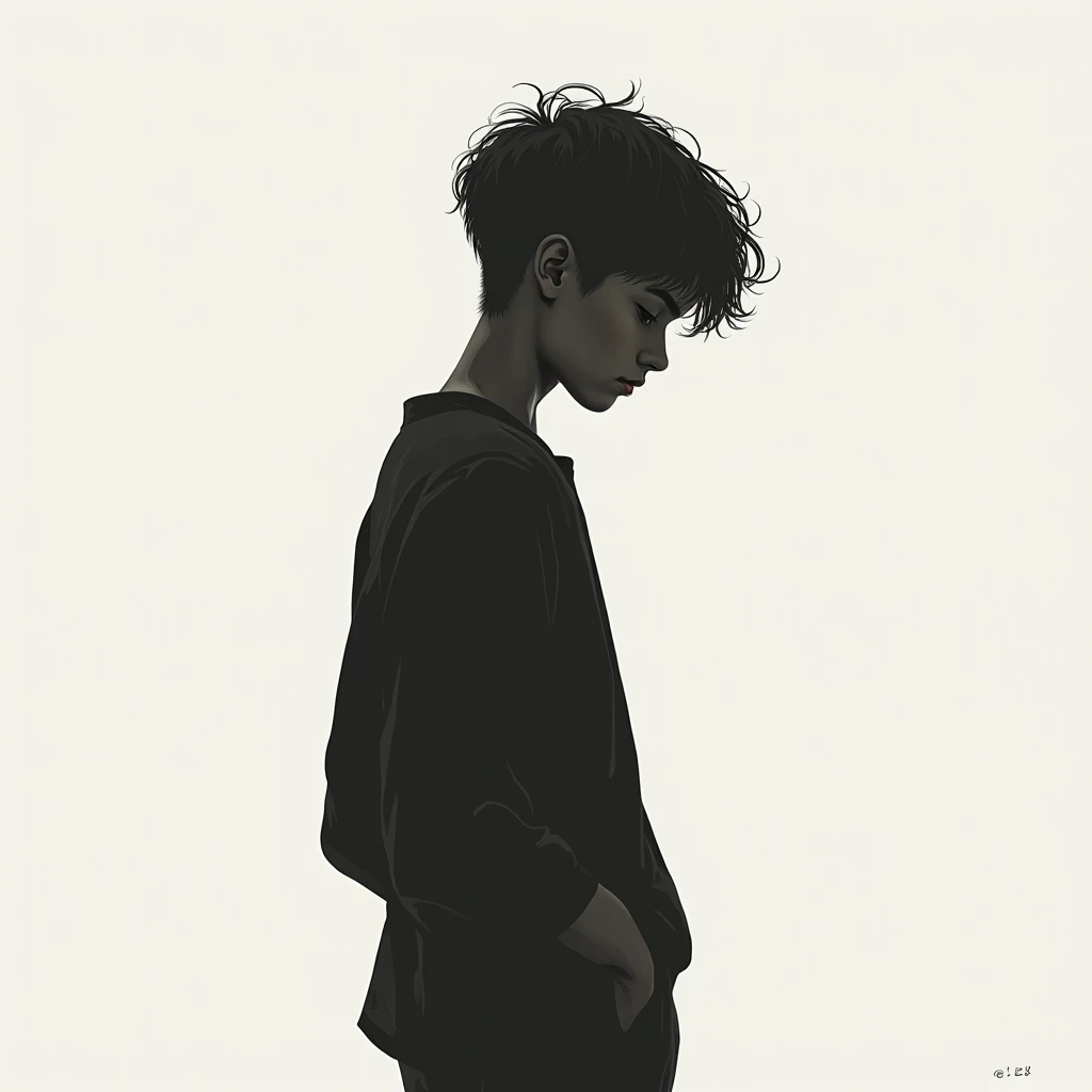 (Very delicate and handsome) introverted boy, silhouette, monochrome, standing still, quiet.