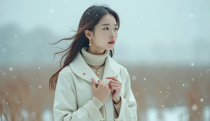 
background: 겨울의 차가운 들판이 흐릿하게 뒤로 보이는 scene.  A quiet snowy scene where snow is scattered and the wind blows softly .  In the distance, reeds swaying in the wind fill the winter landscape even more beautifully .

The main character :

female: 현실적인 성숙한 40세 한...