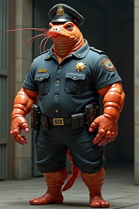 I need to create a shrimp in the shape of a stocky and attractive but serious man in a full security guard uniform that stands in an entrance and looks serious but handsome