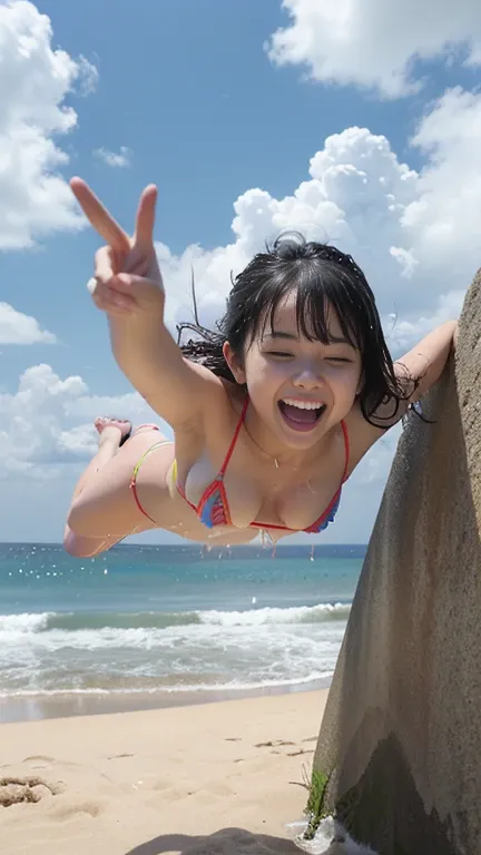 1girl, Japanese high school actress,small breasts,small chest, (sea、Sandy Beach)、Earrings、Thin face、smile、Embarrassing、(flashy micro bikini)、long curl  hair、blunt bangs,They hesitate,、(Wet, splash, laugh without opening eyes, v-sign:1.2) Underarm,, (High c...