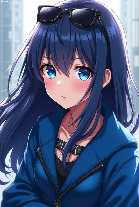 young anime woman,long dark blue hair, neckline with blue coat ,Cayucha, blue eyes and sunglasses